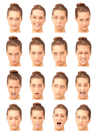 red head young  caucasian woman collection set of face expression like happy, sad, angry, surprise, yawn isolated on whiteの写真素材
