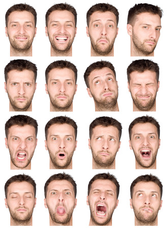 short hair brunette adult caucasian man collection set of face expression like happy, sad, angry, surprise, yawn isolated on whiteの写真素材