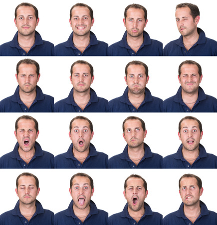 short hair brunette adult casual caucasian man collection set of face expression like happy, sad, angry, surprise, yawn isolated on whiteの写真素材