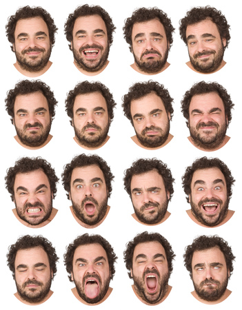 short curly hair and beard brunette adult caucasian man collection set of face expression like happy, sad, angry, surprise, yawn isolated on whiteの写真素材