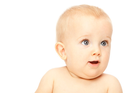 beautiful blonde hair blue eyes baby isolated on whiteの写真素材