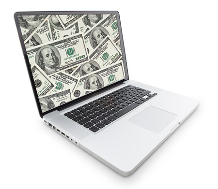 modern laptop with hundred dollar on monitor isolated on whiteの写真素材
