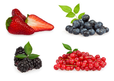 tasty ripe mixed berries composition set with leaf isolated on whiteの写真素材