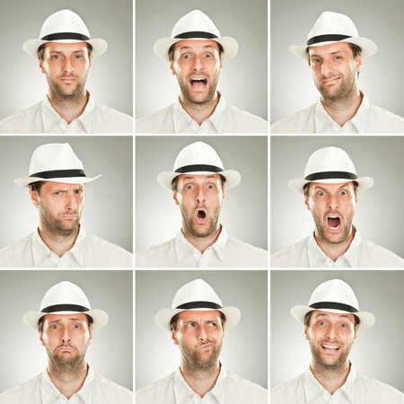 beard young elegant caucasian man with hat collection set of face expression like happy, sad, angry, surprise, yawn on grey backgroundの写真素材