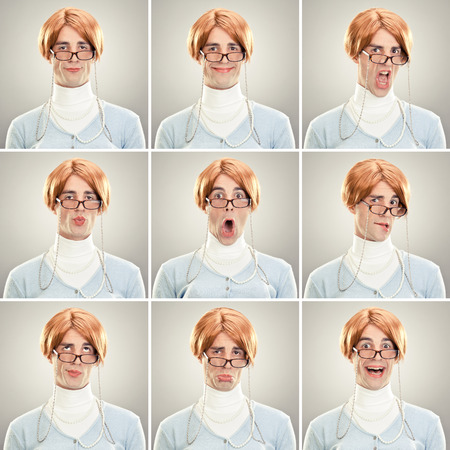 ugly orange hair old caucasian woman teacher collection set of face expression like happy, sad, angry, surprise, yawn on grey backgroundの写真素材