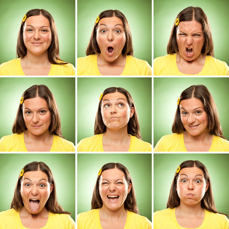 brunette long hair adult caucasian woman square collection set of face expression like happy, sad, angry, surprise, yawn on green