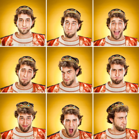 aladdin caucasian man with beard square collection set of face expression like happy, sad, angry, surprise, yawn on yellowの写真素材