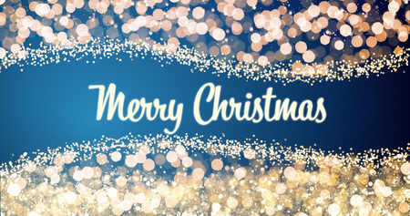 sparkling gold and silver xmas lights with Merry Christmas greeting message on red background,snow,bright lights decoration.Elegant holiday season social post digital cardの写真素材
