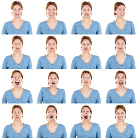 young beautiful blue eyes adult caucasian redhead woman wearing casual and short hair collection set of face expression like happy, sad, angry, surprise, yawn isolated on whiteの写真素材