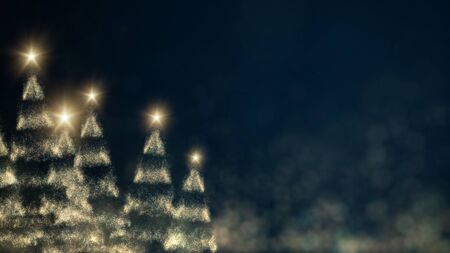 golden christmas tree forest on blue background,bright decoration for merry xmas greeting message.Elegant holiday season christmas card.Copy type space for text or logoの写真素材