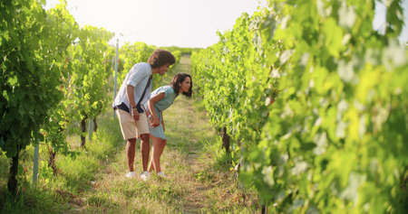 Romantic love couple, man and woman smiling and looking through vineyard at sunset or sunrise.Warm sun back light.Friends italian trip