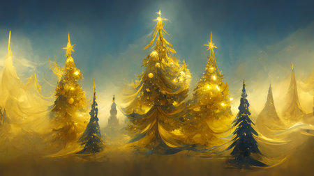Painted teal and gold christmas trees forest on blue sky background christmas card with ornaments, decorations. Golden and teal painted shiny and bright season greetings backgroundの写真素材