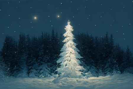 bright christmas tree in the middle of snowy forest during starry christmas eve night. Snowy winter forest with illuminated tree. Blue and gold paintingの写真素材