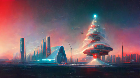 futuristic city Christmas background. Modern future city scape with skyscrapers and Christmas decorations. Painted style.の写真素材