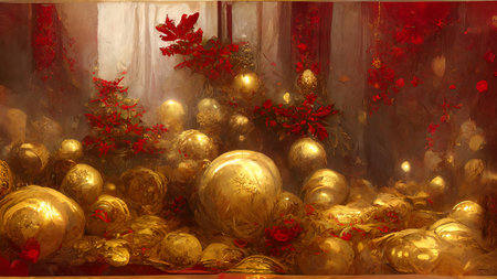 gold and red christmas tree, decorations and ornaments card background.Xmas invitation. Painted red and gold season greetings postcardの写真素材