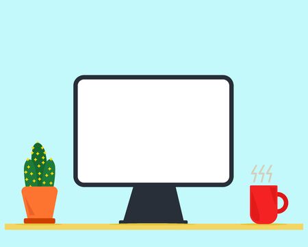 There are laptop, cactus in the pot, hot coffee in red mug.There are on wooden table. Work space concept. Cartoon vector design.のイラスト素材