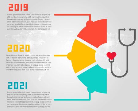 Health care or heart disease charts concept. Timeline half circles infographic, stethoscope and red hearts shape. Flat Vector design template.のイラスト素材