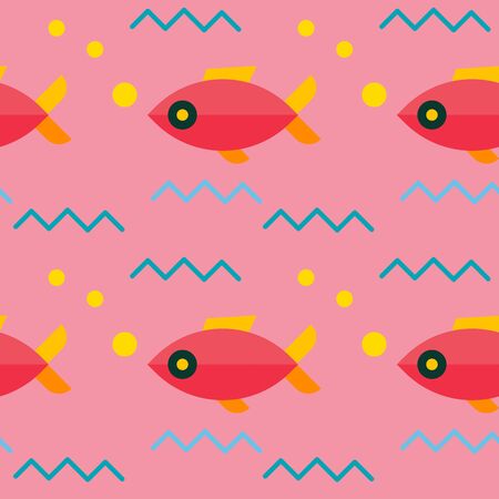Colorful seamless pattern background: many fish and wave in cartoon style for your designのイラスト素材