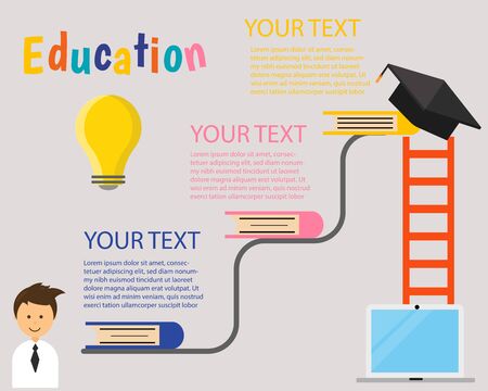 Education infographic concept: There are many books, ladder, a man in gown and graduate cap for your design about exam, final and entrance.のイラスト素材