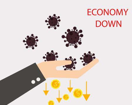 Economy down with Covid-19 crisis concept: there are virus with many golden coins and down arrow for your designのイラスト素材