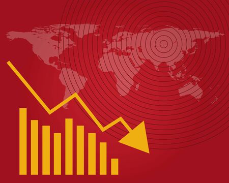 Economy down with Covid-19 crisis concept: there are red background and world map, bars of chart and down arrow for your designのイラスト素材