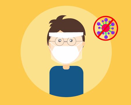 Social Distancing with COVID-19 crisis concept: Man wears face masks and face shield for protect corona virus. Cartoon vector style for your design.のイラスト素材