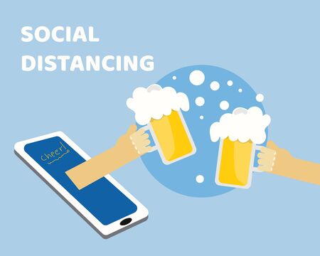 Social Distancing with COVID-19 crisis concept: There are two hands from smart phone hold mug of cold beer for celebrate together. Protect corona virus. Cartoon vector style for your design.のイラスト素材
