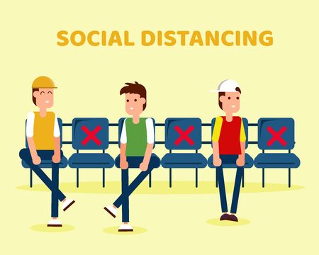 Social Distancing with COVID-19 crisis concept: There are people sit on many chairs with sign about can sit or can't sit for protect corona virus. Cartoon vector style for your design.のイラスト素材