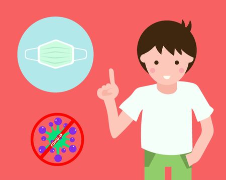 Social Distancing with COVID-19 crisis concept: Boy presents face masks for protect corona virus. Cartoon vector style for your design.のイラスト素材