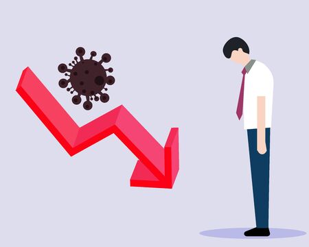 Economy down with Covid-19 crisis concept: There is a sad man who out of work. Virus with bars of chart and red down arrow for your designのイラスト素材
