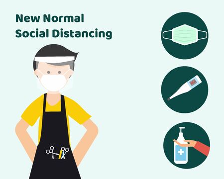 NEW NORMAL AFTER COVID CONCEPT: There is a barber with three signs, wear face mask, clean your hands, check temperature, keep distancing. For protect corona virus.のイラスト素材