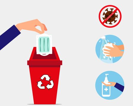 Always Wash your hand concept: Throw face mask into bin after you used it and wash your hands. Cartoon vector style for your design.のイラスト素材