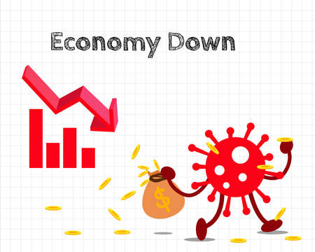 Economy down with Covid-19 crisis concept: there are virus, red down arrow, coins on grid background for your designのイラスト素材
