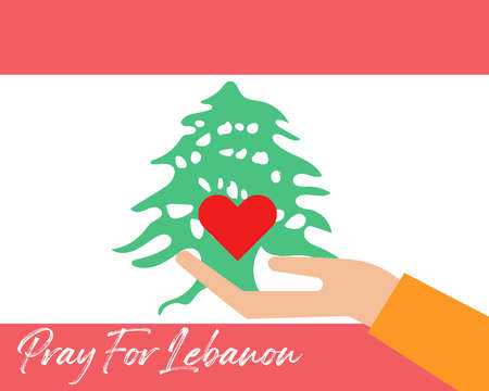 Pray For Lebanon concept: There are hand with red heart shape on Lebanon flag background.のイラスト素材