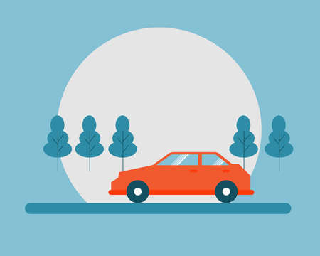 Car on road with many trees. Cartoon vector style for your designのイラスト素材