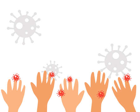 Covid-19 crisis concept: Many hand and many virus around hands. Always wash your hand for protect corona virus. Cartoon vector style for your designのイラスト素材