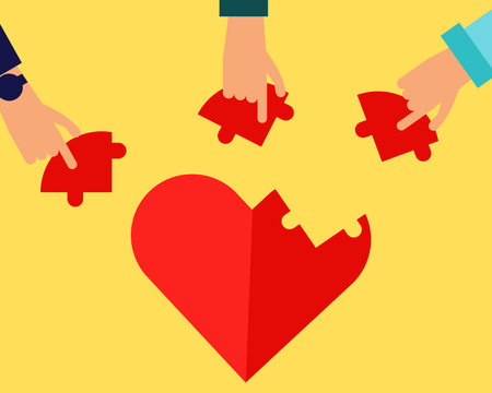 Love concept: There are love red heart shape and three hands share their love. Cartoon vector style for your design.のイラスト素材