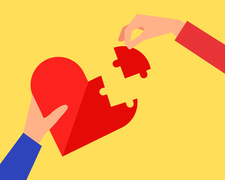 Love concept: There are love red heart shape and two hands share their love. Cartoon vector style for your design.のイラスト素材