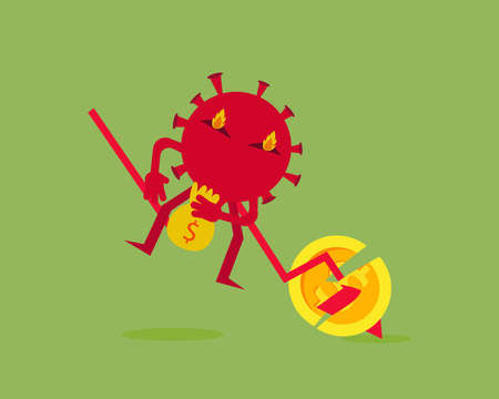 Economy down with Covid-19 crisis concept: there are virus with down arrow. Cartoon vector style  for your designのイラスト素材