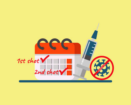 Timing of COVID-19 Vaccine shot concept: Syringe with text about the first shot and the second shot of Covid-19 Vaccine.のイラスト素材