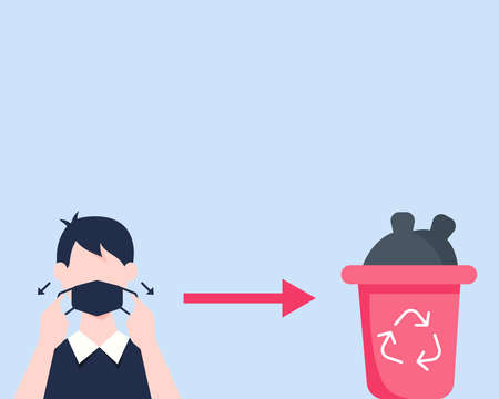 Covid-19 crisis concept: Throw face mask into bin after you used it. There bin and face mask in cartoon vector style for your design.のイラスト素材