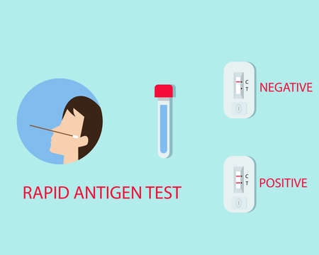 Rapid Antigen Test Kit concept. Covid-19 crisis. Results interpretation, positive, negative. Cartoon vector style for your designのイラスト素材