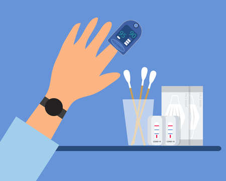 Finger in an Oximeter Device and set of swab test about coronavirus or COVID-19  Cartoon vector style for your design.のイラスト素材