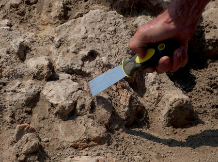 Archeologist working on site, hand and tool
