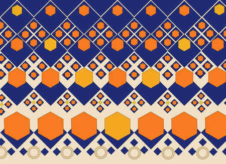 Very interesting blue squares with orange and yellow hexagons on a cream backgroundの写真素材