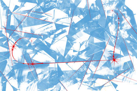 Abstract blue geometric shapes and thin red lines with stars on a white backgroundの写真素材