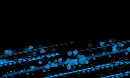 Blue circles and lines arranged obliquely on a black backgroundの写真素材