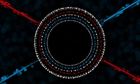 Red,blue and white  circles and lines on a black background with light blue bokehの写真素材