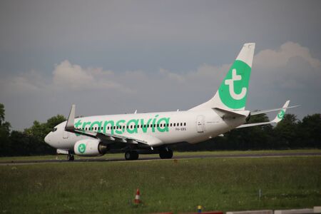 PH-XRV Boeing 737-7K2 of Transavia ready for take off at Rotterdam The Hague Airport in the Netherlandsのeditorial素材