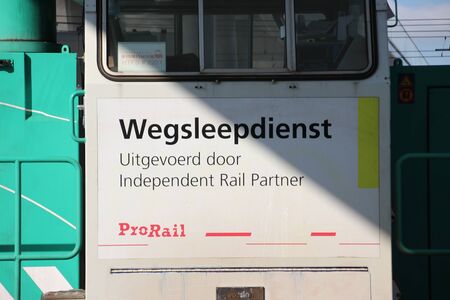 Locomotive of independent Rail Services on track to tow defective trains away for Prorail in the...